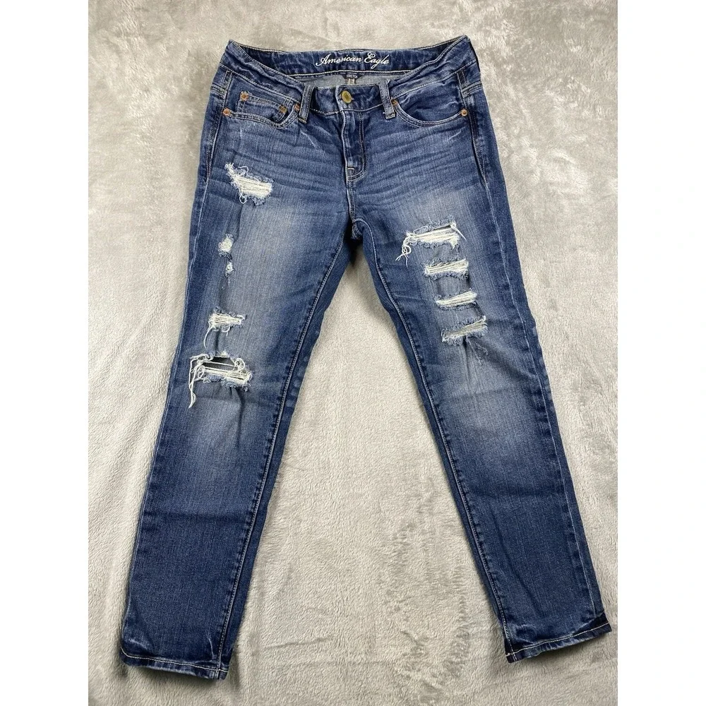 American Eagle Women's Jeans Sz 2 Stretch Slouchy Med Wash Distressed